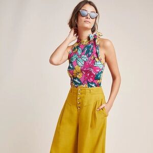 Anthropologie Maeve Glocester Floral Colorful Halter Tie Neck Pleated Blouse Top
